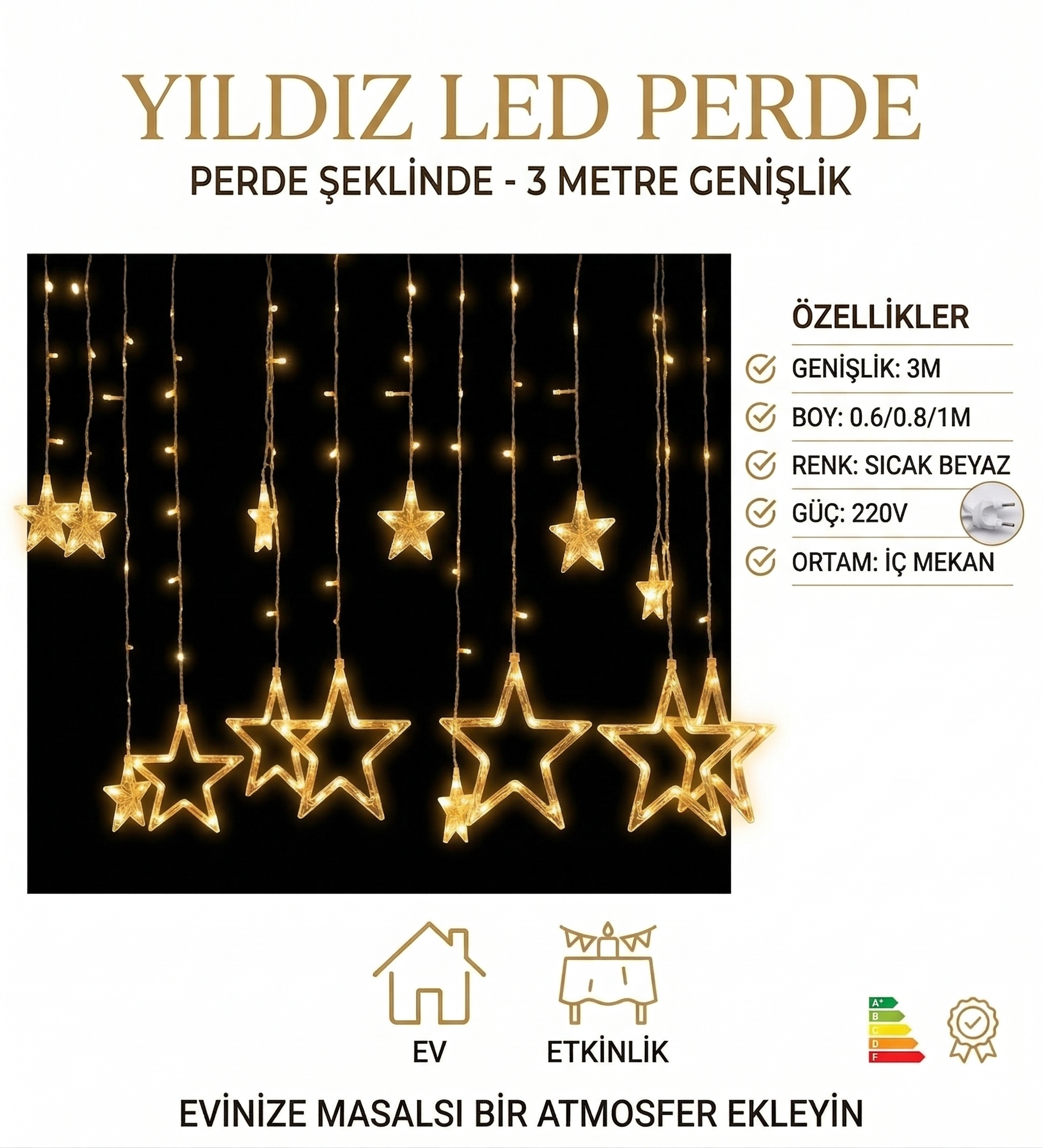 Yıldız Sarkıtlı Perde LED Aydınlatma - 3m Genişlik, 8 Modlu, Günışığı Renk,Ev Süsleme Işığı